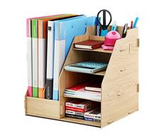 Étagère Rangement DIY Organisateur de Bureau en Bois 4 Planche + 2 Compartiment Creux Porte-Documents Magazine Livres Porte-Revues Pot à Crayon Multi-Fonctionnel Pour Bureau Maison Bibliothèque