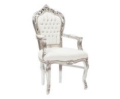 Fauteuil baroque argenté et cuir synthétique blanc, 68 x 65 x 108 cm