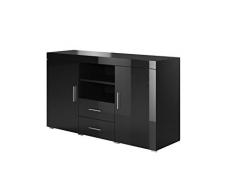 muebles bonitos Buffet Moderne modèle Roque mélaminé Noir Brillant Largeur 140cm Hauteur 80cm Profondeur 40cm
