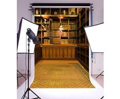 GzHQ 3x5FT Vinyle Photographie Arrière-Plans Photo Toile Ancienne Décoration Intérieure Ancienne Bibliothèque Lumières Étagère Bois Chic Plancher Scène Toile 1 (w) x1.5 (h) m Accessoires Studio