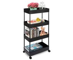 Gunolye Chariot de rangement à 4 niveaux pour la cuisine avec roulettes, chariot de service et étagère de rangement pour la salle de bains, la cuisine, les cosmétiques et le bureau (Noir)