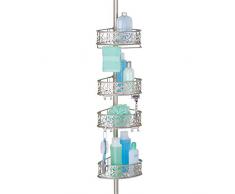 mDesign étagère d’angle en métal – étagère de douche télescopique sans perçage – meuble d’angle salle de bain élégant pour shampoings, gels douches, etc. – motif floral – argenté mat
