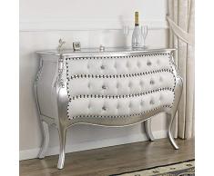 SIMONE GUARRACINO LUXURY DESIGN Commode Brilliant Style Baroque Moderne tiroir bombé Feuille Argent Similicuir Blanc Boutons et poignées Crystal SW