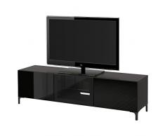 IKEA BESTA - Banc TV avec tiroirs et portes noires brun / Selsviken haute brillance / verre transparent noir
