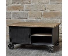 Table Basse de Salon à roulettes Bois Fer Industriel Campagne 104x69 cm