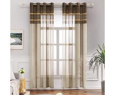 MIULEE Lot de 2 Décorative Rideaux Voilage Imprimes Fenêtre Design Moderne Uni à Oeillets Décoration pour Maison Salon Cuisine Chambre 140x245cm Blanc+Brun Clair