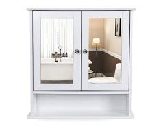VASAGLE Armoire Murale Salle de Bain, Placard de Rangement Toilettes, avec 2 Portes et Miroirs, 3 Niveaux, Étagères à Hauteur Réglable, 56 x 13 x 58 cm, Blanc LHC002