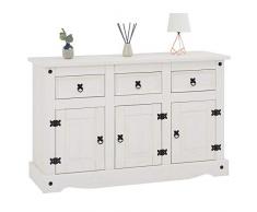 IDIMEX Buffet Rural Commode bahut vaisselier en pin Massif Blanc avec 3 tiroirs et 3 Portes, Meuble de Rangement Style Mexicain en Bois dim 132 x 84 x 44 cm
