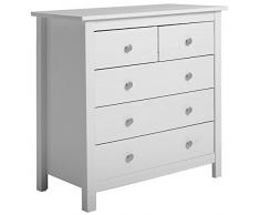 VS Venta-stock Commode 5 tiroirs Blanc, Fabriqué en Bois de pin Massif