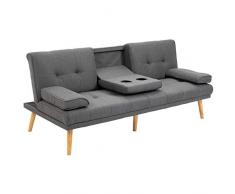 Canapé Convertible 3 Places Design scandinave Inclinaison Dossier réglable 3 Niveaux Dossier Centrale Rabattable 2 Porte-Verres Bois Massif Lin Gris foncé