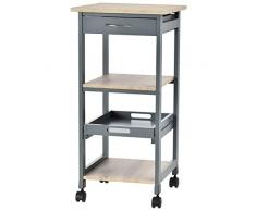 Chariot de service desserte de cuisine à roulettes 2 étagères + plateau amovible + tiroir bois de pin MDF gris chêne clair