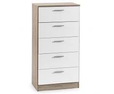 VS Venta-stock Chiffonnier Dublin avec 5 tiroirs en Blanc et Bois, glissières métalliques, 50 cm x 33 cm x 100 cm