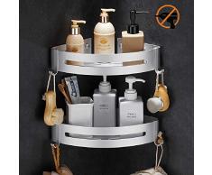 Étagère dangle Douche, Bogeer Etagere salle de bain sans percage, Aluminium Panier de rangement pour douche avec crochets - tablette dangle douche (Plata-doble)