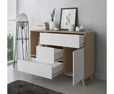 Comfort Buffet de Salle à Manger, Meuble auxiliaire Wind 1 Porte, 3 tiroirs, Structure de Couleur Puccini, Couleur de Porte et tiroirs Blanc. Dimensions : 120x40x86cm.