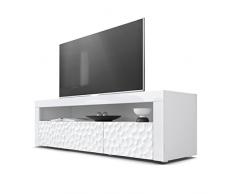 Vladon Meuble TV Bas Valencia, Corps en Blanc Mat/Façades en Blanc Haute Brillance Calypso avec Une Structure 3D fraisée et Bandeaux en Blanc Haute Brillance