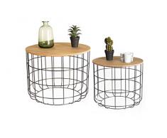 LIFA LIVING Basket, Table Gigogne Bois et Métal, Table Basse Coffre Noir Bois, 2 Tables Basses Gigognes avec Couvercle en Bois, Tables dAppoints Rondes pour Salon