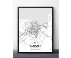 ZWXDMY Impression sur Toile,Maroc Tanger Carte De La Ville Moderne Noir Blanc Peinture Minimaliste Simple Art Mural Affiche Café Salon Décoration Verticale, 30 × 40 Cm