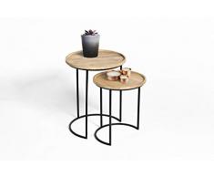 LIFA LIVING Luna, Table Gigogne Bois, Table Gignogne Scandinave en Bois et Cadre en Metal Noir, Table Basse Ronde, Table dAppoint