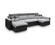 MEUBLO Grand canapé dangle panoramique Convertibles 6/7 Places Tissu + Simili Cuir Berlin U (Noir, Canapé dangle Droit)