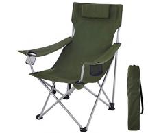 SONGMICS Chaise de Camping Pliable, Siège Pliante, extérieur, avec accoudoirs, Appui-tête, Porte-Verres, Cadre Stable, capacité de Charge 150 kg, Vert GCB09AG