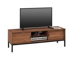 IDIMEX Meuble TV Selma Banc télé de 145 cm au Style Industriel Design Vintage avec 2 Portes coulissantes et 1 Compartiment Ouvert, en pin Massif teinté Brun foncé