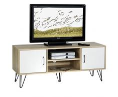IDIMEX Meuble Banc TV Design EVA MDF décor Blanc et chêne Sonoma Pieds métalliques Noirs