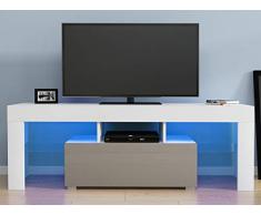 Panana Anaelle Meuble TV avec LED en Verre sur Salle de Séjour, Salon et Chambre à Coucher etc, Taile: 130 x 35 x 45 cm, Poids: 22kg, Blanc+Gris