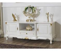 SIMONE GUARRACINO LUXURY DESIGN Meuble TV Carlos Style Baroque Décapé Ivoire et Feuille Or