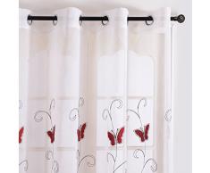 Top Finel Rideaux Voilages en voile Papillons Brodés de fenêtre pour Salon, 140cm(longueur)x215cm(largeur), à oeillets, un paneau, Rouge