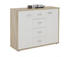 IDIMEX Buffet Elodie, Commode Meuble de Rangement avec 4 tiroirs et 2 Portes, en mélaminé décor chêne Sonoma et Blanc Mat