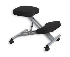 Tabouret ergonomique ROBERT siège ajustable repose genoux chaise professionnelle sur roulettes sans dossier posture droite relaxation massage, structure en métal couleur alu et assise rembourrée noir