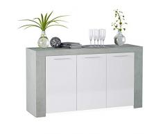 Habitdesign Buffet Salle à Manger Moderne, Buffet Salon, Blanc Artik et Gris Ciment, Ambit, Bois contreplaqué, 144 cm (Largeur) X 80 cm (Hauteur) 42 cm (Fond)
