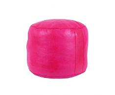 Pouf vide en cuir véritable fassi marocain fabriqué à la main au Maroc de couleur unie fuchsia, mesure 40 cm de diamètre et 35 cm de hauteur.