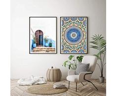 Mosquée Porte Bleue Affiche Maroc Bâtiment Mur Art Toile Peinture Religion École Mur Photo pour Le Salon Home Decor-50cmx70cm 2 pièces sans Cadre