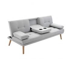 Homcom Canapé Convertible 3 Places Design scandinave Inclinaison Dossier réglable 3 Niveaux Dossier Centrale Rabattable 2 Porte-Verres Bois Massif Lin Gris Clair