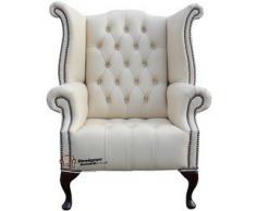 Chesterfield Queen Anne Bergère boutons de coton-Dossier haut-Revêtement cuir-Crème