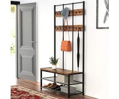 VASAGLE Grand porte-manteaux, avec Banc à chaussures, Meuble d'entrée, Vestiaire, 12 Crochets, Étagère à chaussures, Armature en fer rigide, Capacité de charge 100 kg, Style industriel HSR86BX