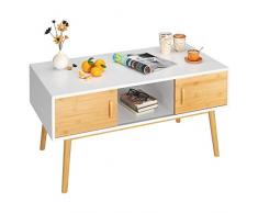 HOMECHO Table de salon basse, avec 4 Portes Coulissantes, Scandinave,Table basse, Blanche, en Bambou, 104.5 x 50 x 50.5 cm