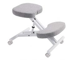 Tabouret ergonomique ROBERT siège ajustable repose genoux chaise professionnelle sur roulettes sans dossier posture droite relaxation massage, structure en métal blanc et assise rembourrée gris
