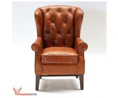 Chesterfield Fauteuil en Cuir Marron Vintage en cuir véritable Fauteuil à oreilles Design Fauteuil Club Lounge Fauteuil