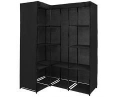 Armoire pliante KOANA, 169 x 130 x 45 cm, en plusieurs couleurs armoire garde-robe d'angle en tissu avec 12 compartiments et 2 tringles, Couleur:noir piano