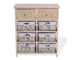 Rebecca Mobili Buffet Rustique, Caisson de Rangement Multifonctionnel 2 Tiroirs 6 Osier, Bois, Beige, pour Salle de Bain Cuisine - Dimensions: 70 x 60 x 30 cm (HxLxL) - Art. RE4027