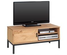 IDIMEX Meuble TV Selma Banc télé de 98 cm au Style Industriel Design Vintage avec 1 Porte coulissante et 1 Compartiment Ouvert, en pin Massif teinté Brun Clair