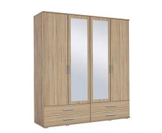LASTMEUBLES RASANT 2R05 - Armoire penderie, 4 Portes 2 miroirs 4 tiroirs, décor chêne Sonoma, 168x188x52cm