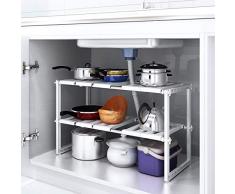 HOMFA Étagère sous Évier Ajustable (2 Étages) Rack de Stockage Extensible Rangements sous Évier Modulable en Acier Inoxydable pour Cuisine 39-66 x 26 x 38 cm