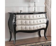 SIMONE GUARRACINO LUXURY DESIGN Commode Brilliant Style Baroque Dark tiroir bombé Noir laqué et Feuille Argent Similicuir Blanc Boutons et poignées Crystal SW