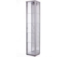 Vitrine 176x37x33 cm collection miniature couleur argent avec 4 étagères en verre, avec éclairage et miroir