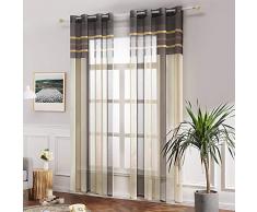 MIULEE Lot de 2 Rideaux Oeillet Voilage Moustiquaire Broderie d'impression de Rayure en Polyester Rideaux de Fenêtre Décoratives pour Salon Chambre Toilettes 140x245 CM Brun+ Beige