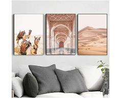 Maroc Porte Chameau Désert Paysage Nordique Affiches Et Impressions Mur Art Toile Peinture Mur Photos Pour Salon Décor À La Maison-50x70 cm X 3 pcs Pas de Cadre