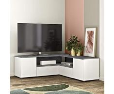 Meuble TV - Meuble Hi-FI Meuble TV dangle 4 Portes - Effet Beton et Blanc - L 130 x P 130 x H 46 cm